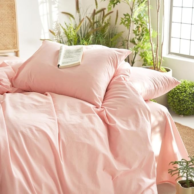 Wake In Cloud - Cotton Duvet Cover Set, 100% Washed Cotton, Linen Like Textured, Breathable Durable Comfy Farmhouse Neutral Bedding Set, 3 Pieces, Pink, Queen Size