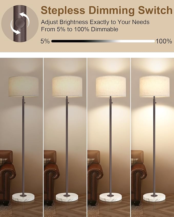 Brown Floor Lamp for Living Room,Dimmable Floor Lamp,Modern Standing Lamp with Marble Base,Tall Standing Lamp for Bedroom, Reading,Office & Kids' Room,LED Bulb Included