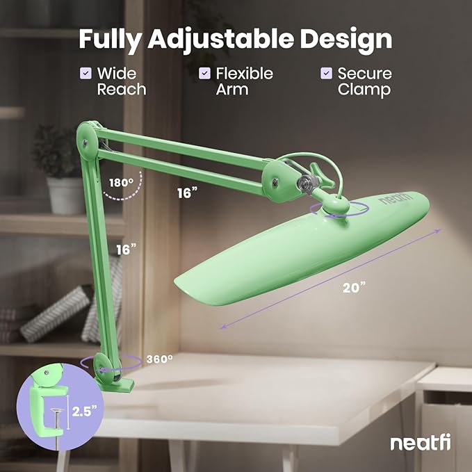 Neatfi XL Nail Desk Lamp with Clamp, 2200 Lumens, 20-Inch Wide Head, Dimmable 4 Levels, 6500K, LED Task Light for Manicure Table, Crafts, Workbench, Office (Non-CCT, Midnight Green)