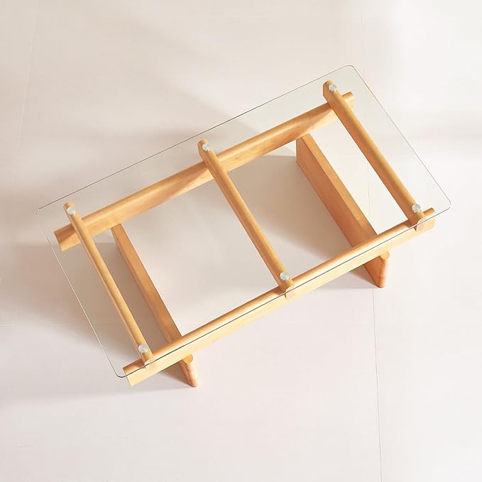 IWOOD Glass Coffee Table for Living Room,100% Solid Wood Coffee Table with Rectangular Tempered Glass Top,Mid Century Modern Coffee Table,Wood