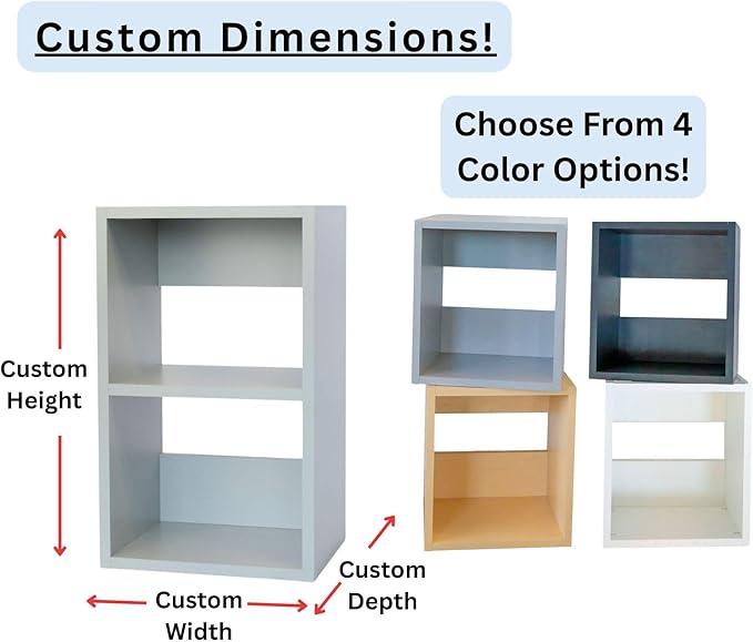 Custom Sized 2-Cube Cubby; Choose color, width, depth, and height. Units are 3/4 inch thick premium grade melamine for strong, solid unit. Easy assembly. Place on the floor or mount on a wall.