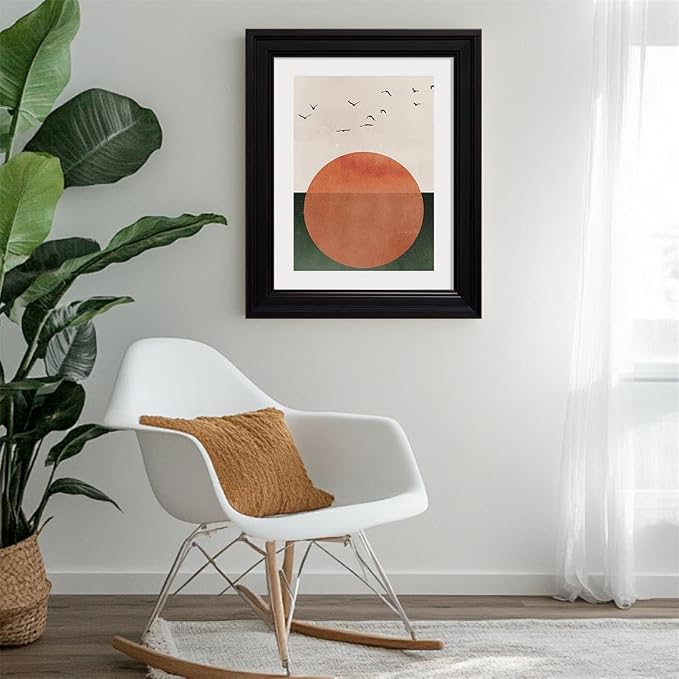 Vintage Framed Japanese Minimalist Sunset With Bird Wall Art Nature Geometric Abstract Poster Modern Mid Century Eclectic Canvas Prints for Living Room Gallery Home Decor 24x36 inch