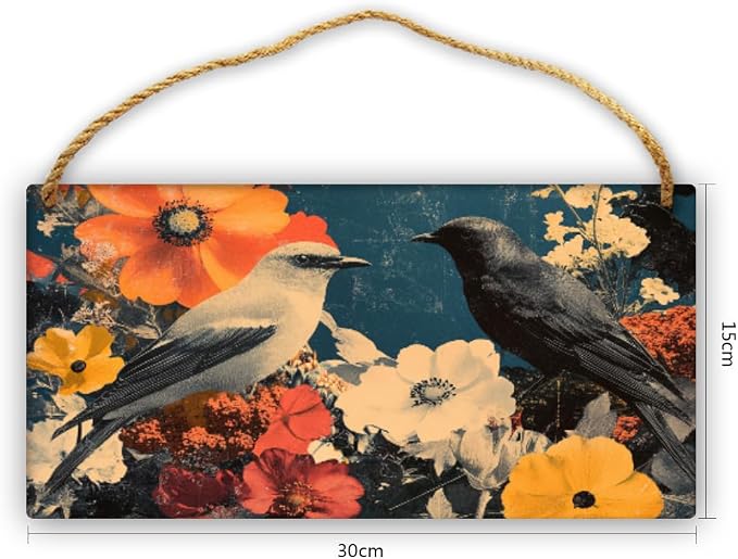 Black Bird in Red & White Flower Collage Wooden Sign 12x6 Inch - Eclectic Office Decor for Retro Lovers - Great Gift for Bold Home Accent Admirers