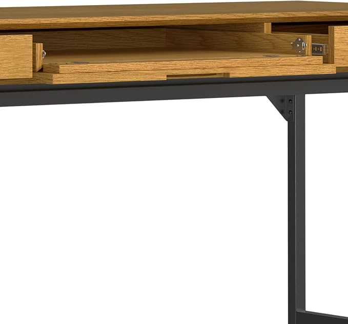 SIMPLIHOME Banting Desk - 72 Inch Wide Solid Oak Veneer and Metal Writing Desk in Oak, Modern Industrial Home Office Computer Table for Study with 2 Drawers and Flip-Down Keyboard Tray