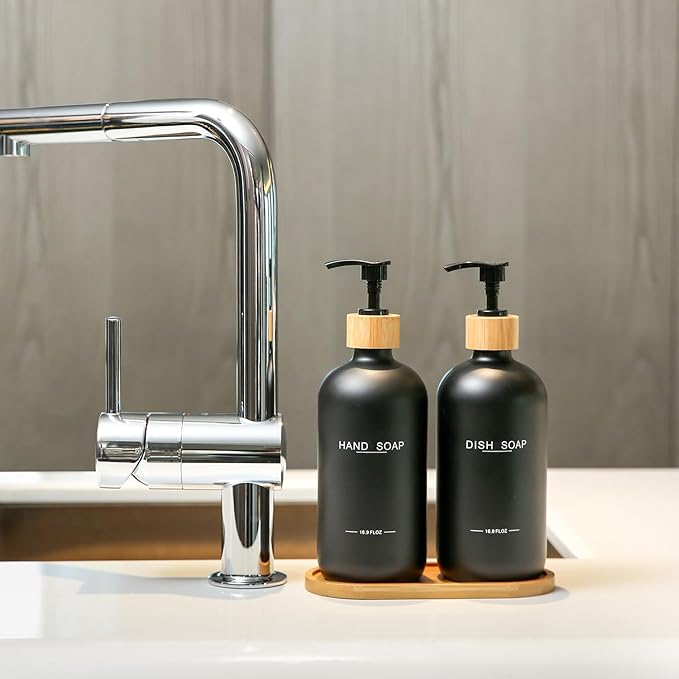 Black Soap Dispenser, Hand Soap, and Dish Soap Dispenser Set Suitable for Kitchen Counter Decor. (Black)