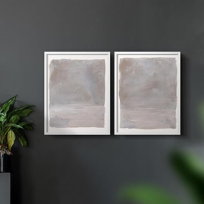 Renditions Gallery Set of 2 Peel & Stick Framed Prints, Watercolor Abstract Wall Art, Neutral Tones Textured Brushstrokes Wall Decor, Re-Stickable - Ready to Hang - 11"x14" - White Frame LT588