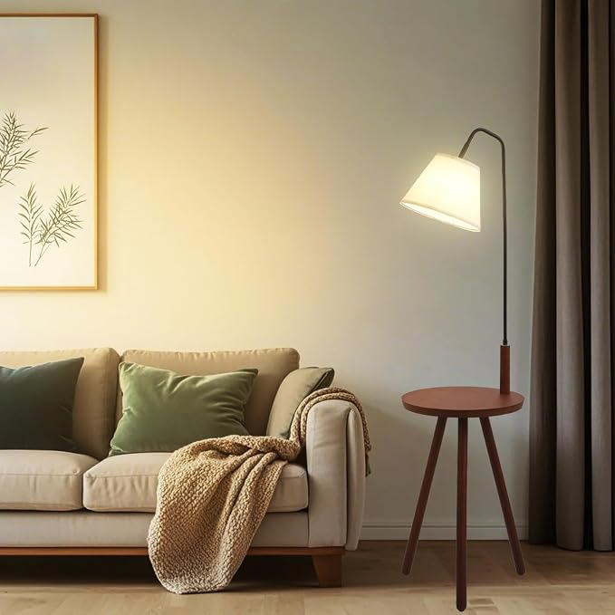 Fiqevs Wood Tripod Floor Lamp with Shelf & LED Bulbs, Mid-Century Modern Standing Lamp with Wooden Shelf & Linen Shade for Living Room, Bedroom, Office