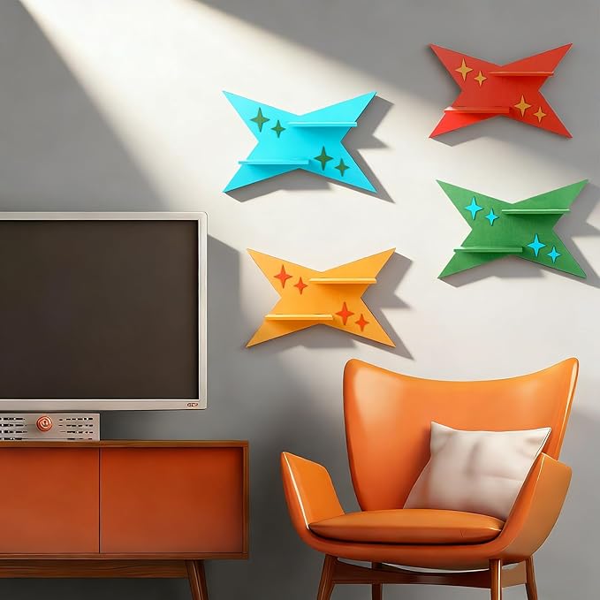 Threehoney Mid-Century Modern Wall Set of 4 Colorful Floating Display Shelves Retro Style Starburst Wall Mounted Shelves Storage for Bedroom, Living Room Decor(Four-Pointed Star)
