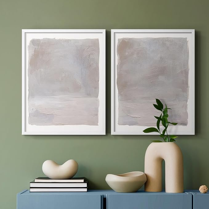 Renditions Gallery Set of 2 Peel & Stick Framed Prints, Watercolor Abstract Wall Art, Neutral Tones Textured Brushstrokes Wall Decor, Re-Stickable - Ready to Hang - 16"x20" - White Frame LT588