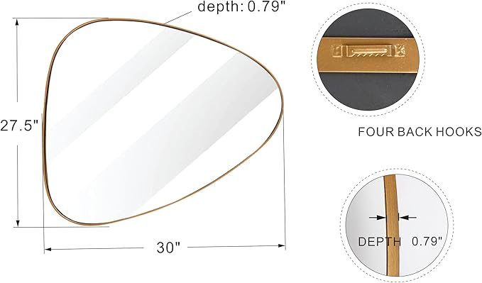 30" Asymmetrical Mirror With Metal Frame, Modern Geometrical Wall Mirror for Living Room, Bathroom, Bedroom (Gold, 27.5"x30")