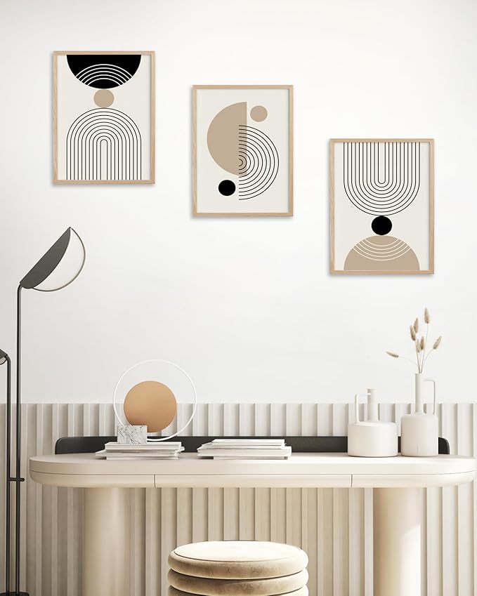 HesenDot Unframed Abstract Geometric Line Wall Art Set of 3, 12x16in Boho Mid Century Canvas Prints, Modern Arch Posters, Neutral Minimalist Wall Decor for Living Room Bedroom Bathroom Study, Unframed