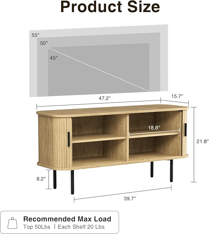 47''W Storage Cabinet, Fluted Sideboard Buffet Cabinet with Storage, Console Table Credenza with Tambour Slatted Sliding Doors and Shelves, TV Stand for Living Room, Kitchen, Entryway, Natural