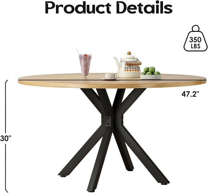 Soohow 47.2" Solid Wood Round Dining Kitchen Table for 4-6 People with Intersecting Pedestal Base