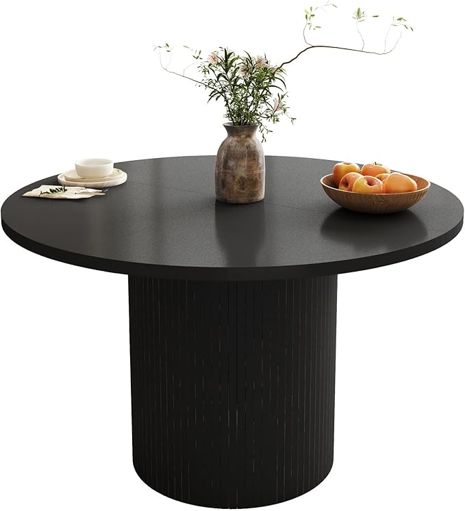 QHITTY Fluted Round Dining Table, 47-inch Wood Kitchen Table for 4, Farmhouse Circle Tabl with Strip Base for Kitchen, Living Room, Black