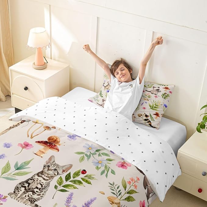 Erosebridal Cute Cat Toddler Bedding Set Kitten Cat Lovers Duvet Cover Cream Boho Watercolor Floral Comforter Cover for Kids Girls Boys Adults Funny Pet Animal Bed Set