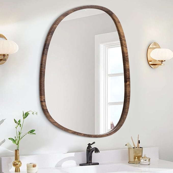 Asymmetrical Wall Mirror with Wood Frame Irregular Modern Hanging Mirror for Wall for Vanity Living Room Bedroom Bathroom Entryway Hallway Modern Unique Decorative Artistic Mirror
