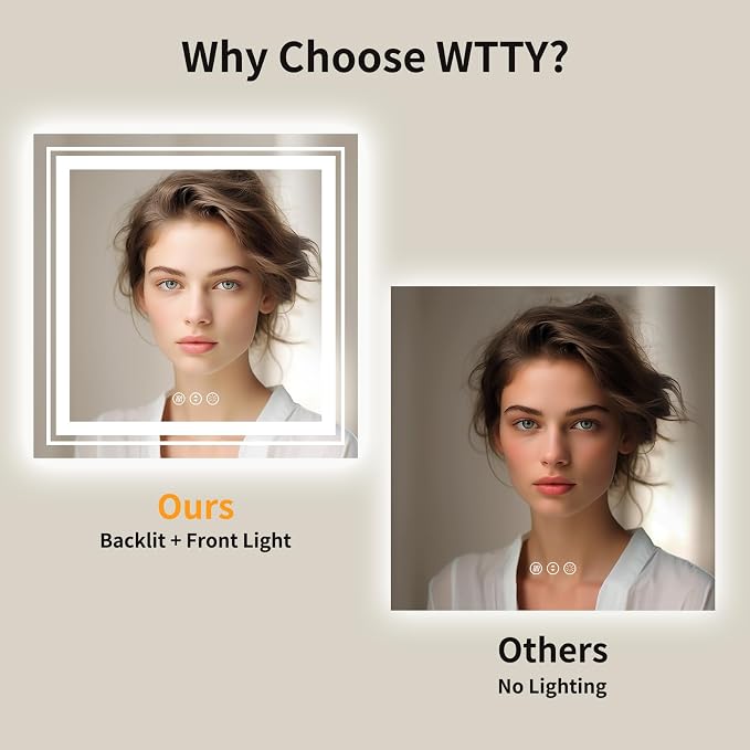 WTTY LED Bathroom Mirror 36"x36" with Backlit and Front Light,Stepless Dimmable LED Mirror for Bathroom,Anti-Fog Lighted Bathroom Vanity Mirror Modern,Memory Function,Shatter-Proof