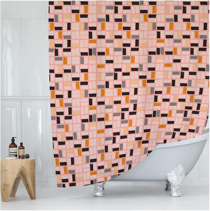 Pink MidMod Shower Curtain – 72x72 Mid Century Modern Bathroom Curtain with Abstract Square Pattern, Retro Colorful Fabric Design for Apartments, Guest Baths, or Dorms