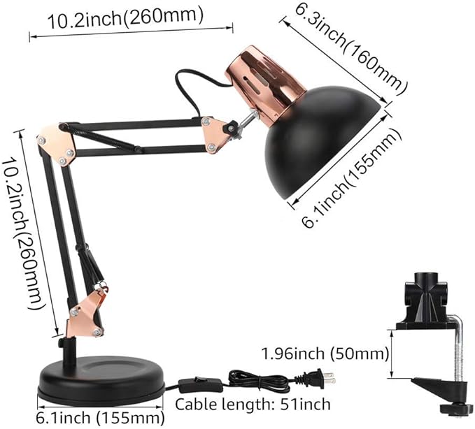 PowerKing Metal Swing Arm Desk Lamps, Adjustable and Flexible, Feading with Base and Clip 2-in-1 Function, Fit E26&E27 Bulbs Base, Application in Bedroom Living Room, Office Home (Black+Rose Gold)