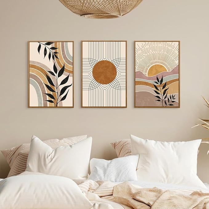 HPINUB Boho Framed Canvas Wall Art Prints, Set of 3 Mid Century Modern Wall Decor, Nature Plants Desert Sun Art Paintings, Bohemian Artwork for Living Room, Bedroom, Dining Room, Office - 16"x24"x3