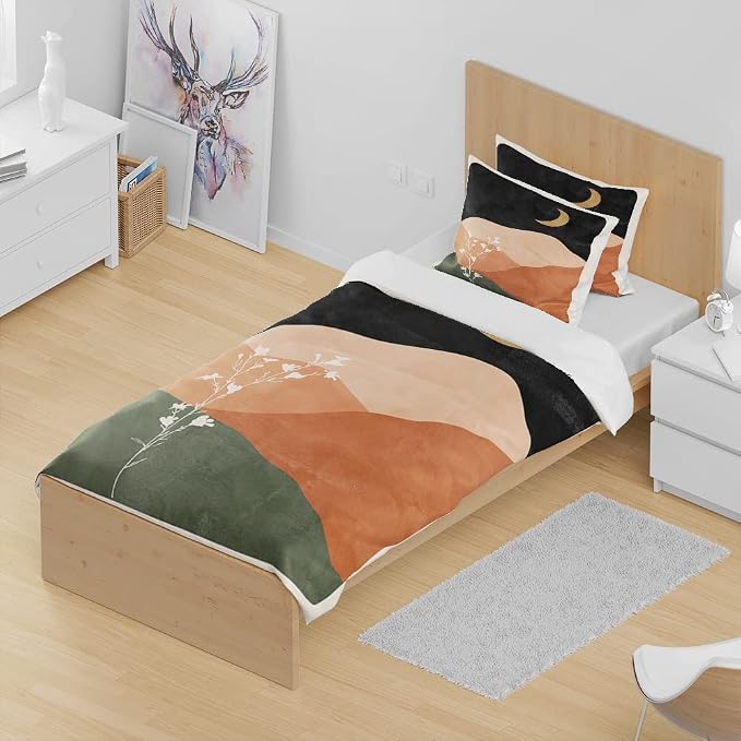 Modern Abstract Mid Century Duvet Cover Queen Size,Burn Orange Boho Bedding Set 3 Pcs Bohemian Sun Moon Art Duvet Cover Sets for Shabby Chic Home Soft Comforter Cover Set with 2 Pillowcase