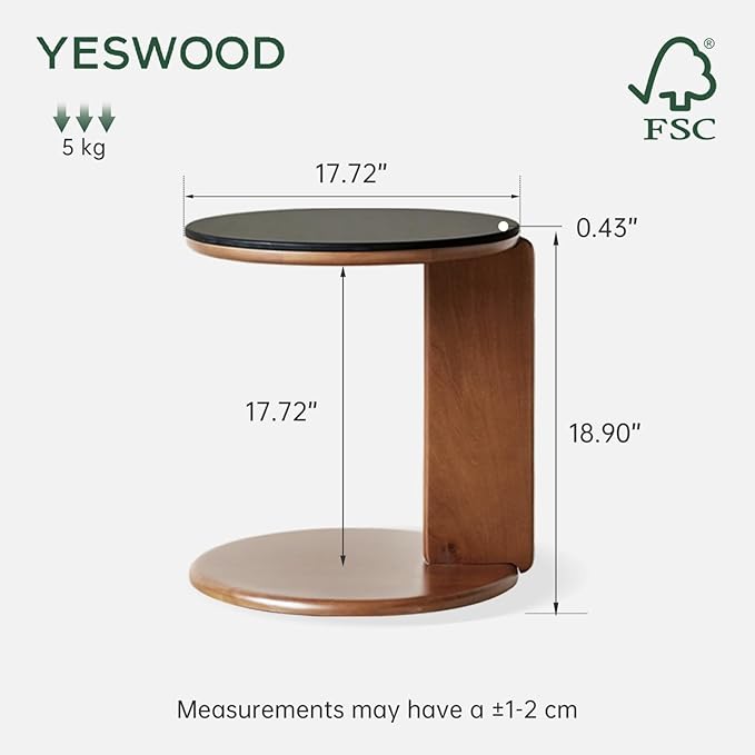 YESWOOD Round Coffee Table, Wood Coffee Table Side Table with Sintered Stone Top, Mid Century Morden Table,Small Coffee Table Living Room Table for Bedroom Balcony Living Room (17.7" D x 18.9" H)