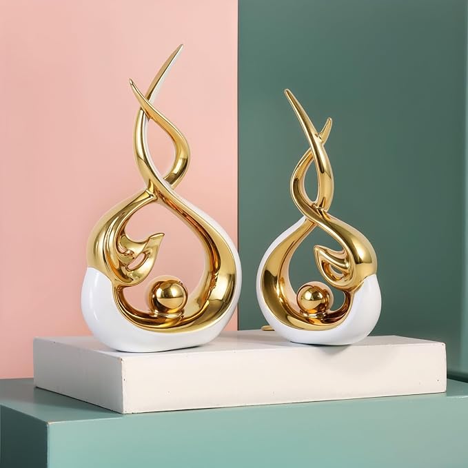 Home Decor Modern Abstract Art Ceramic Statue - 2 PCS White and Gold Sculptures, Mid Century Modern Decor, Elegant Table Centerpieces for Dining Room, Living Room, Office, Entryway, Bookshelf, Mantel