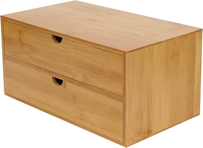 Bamboo Desk Organizer Small Retro Bamboo Tabletop Storage Box with Drawers& Recess Handles for Office Home Supplies Table Storage Collector 13 * 7.5 * 6in (2 Drawers)