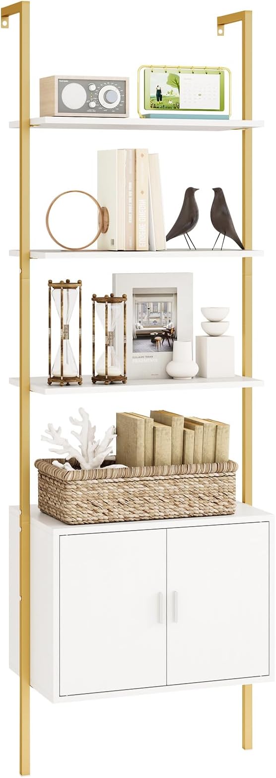 Giantex 5-Tier Wall-Mounted Ladder Shelf, 72.5" Tall Bookshelf w/ 2-Door Cabinet, Modern Style Kitchen Open Shelving Organizer, Heavy-Duty Metal Frame Display Rack for Living Room,White & Gold