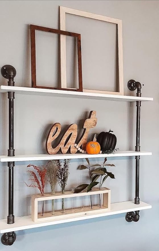 HDDFER Industrial Pipe Shelving Rustic White Pipe Wall Shelves Bathroom Shelves with Wood Planks Industrial Floating Shelves 30 Inch Farmhouse Bookshelf Pipe Shelves Wall Mounted