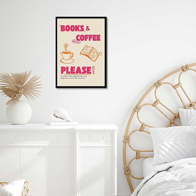 "Books & Coffee Please!" Canvas Wall Art Coffee Cup And A Book Illustrations Posters Cheerful And Casual Style Prints Modern Aesthetic For Living Room Bedroom Dorm Wall Decor 12x16in Framed