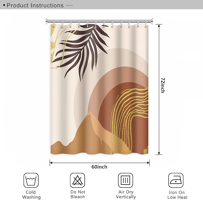 Abstract Mid Century Boho Bathroom Shower Curtain with Eucalyptus Leaves Gold Lines Mountains, Waterproof Fabric Polyester, 60x72 Inch