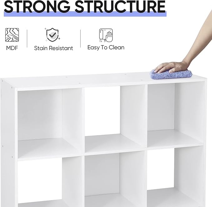JupiterForce 9 Cube Storage Organizer, Wooden Cube Shelf W/ 5 Removable Back Panels, Customizable Cube Bookcase Bookshelf Freestanding Display Shelf for Home, Office, Bedroom and Living Room (White)