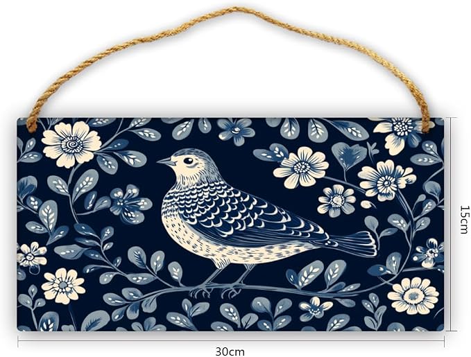Retro Bird in Blue Floral Garden Wooden Print, 12x6 Inch Nostalgic Wood Decors for Mid-Century Modern Enthusiasts & Floral Fans, Add a Touch of Classic Charm to Your Home Office