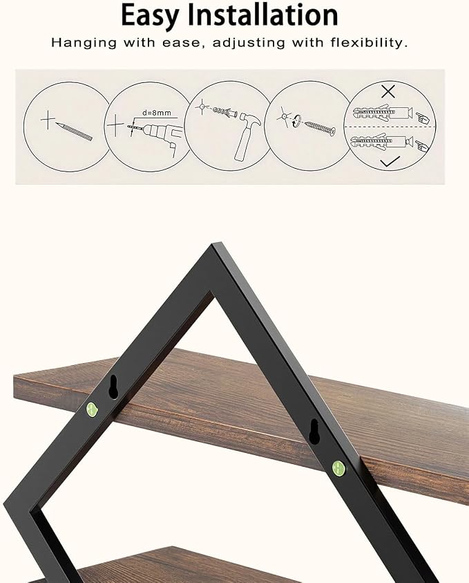 Geometric Floating Shelves Set of 3, Decorative Rustic Wall Shelves for Living Room, Bedroom & Bathroom, Wood & Metal Farmhouse Wall Mounted Display Shelves for Plants, Picture Frames & Small Decor