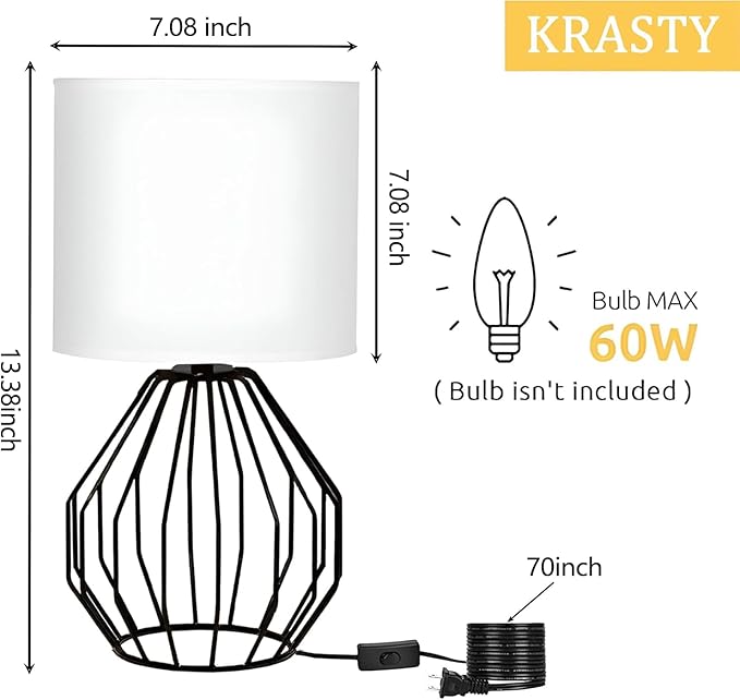 Small Table Lamp Black, Modern Minimalist Desk Lamp with Metal Base White Fabric Shade, Bedside Nightsand Table Lamp for Bedroom, Living Room, Kis Room