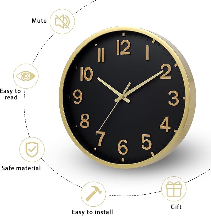 Wall Clocks Battery Operated 8 inch Modern Wall Clock,Silent Non Ticking Wall Clock for Living Room Bedroom Kitchen Office Classroom Decor (Black Gold)