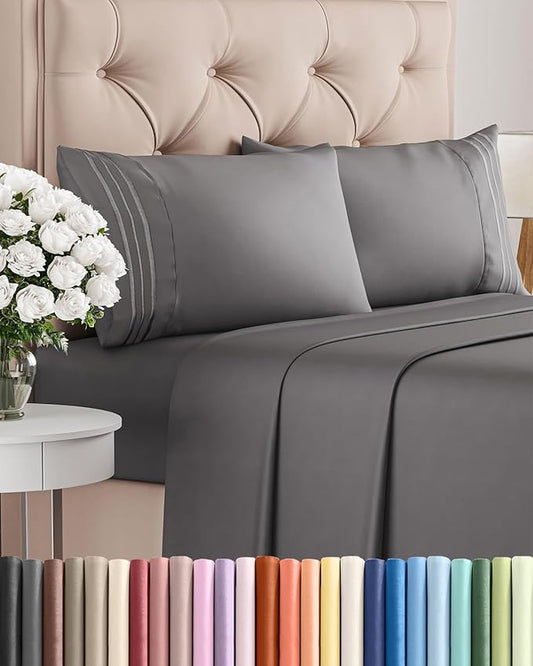Cal King Size 4 Piece Sheet Set - Comfy Breathable & Cooling Sheets - Hotel Luxury Bed Sheets for Women & Men - Deep Pockets, Easy-Fit, Soft & Wrinkle Free Sheets - Dark Grey Oeko-Tex Bed Sheet Set