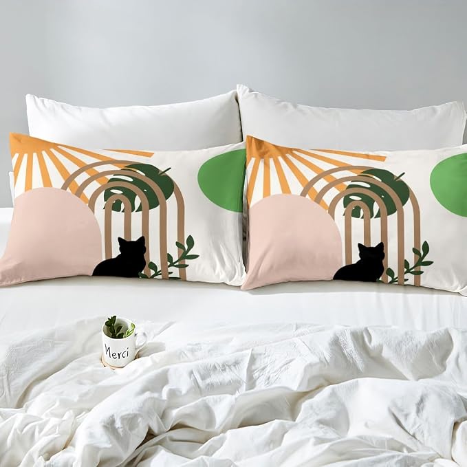 Erosebridal Boho Geometric Duvet Cover Queen Mid Century Abstract Minimalism Bedding Set Funny Cats Animals Comforter Cover for Kids Girls Boys Adults Tropical Palm Leaves Botanical Bed Set