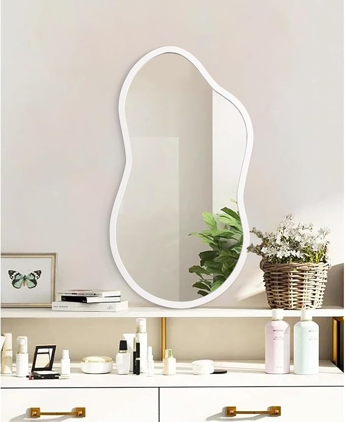 AAZZKANG Irregular Wall Mirror Wooden Large 22"x12" Decorative Hanging Mirrors Asymmetrical for Bedroom Dressing Room Living Room Bathroom Entryway White