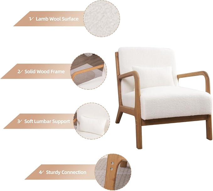 INZOY Mid Century Modern Accent Chair Set of 2, Lamb Wool Fabric Living Room Chairs with Waist Cushion, Upholstered Reading Armchair for Bedroom Sunroom