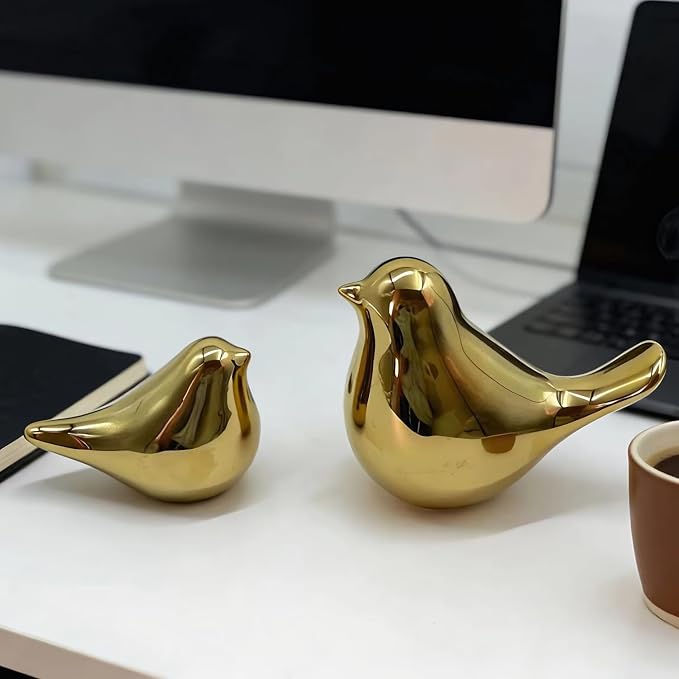 statueBird Statues, Modern Home Decor, Suitable for desks, Bookshelves, bedrooms, Living Rooms, cabinets, and Fireplace Mantel Decorations. Ceramic Animal Statues. (Gold)