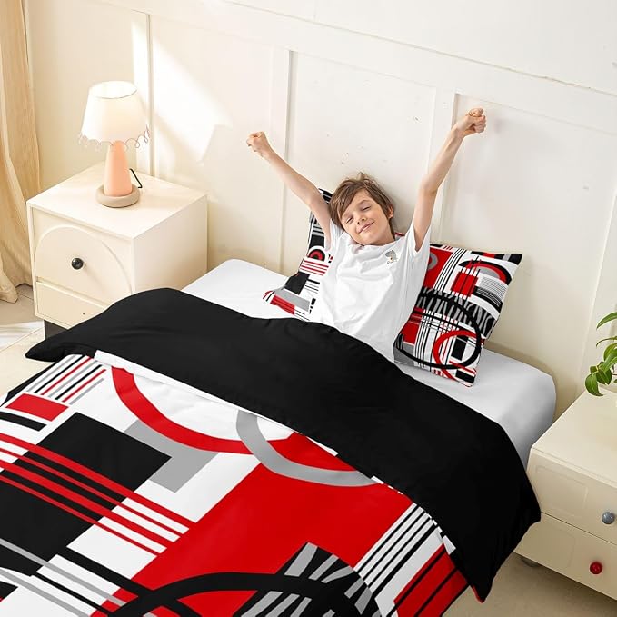 Art Deco Mid Century Duvet Cover Set Retro Modern Abstract Geometric Girl Toddler Bedding Set for Preteen Boys Girls Black and White Red Circles Stripes Comforter Cover Contemporary Bed Sets