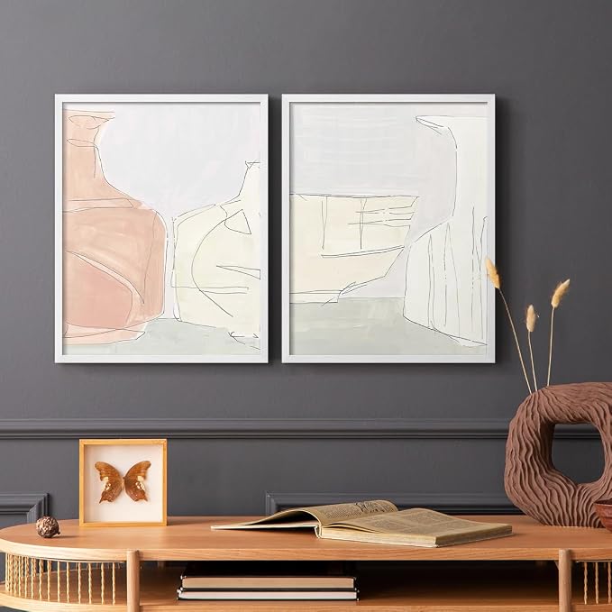 Renditions Gallery Set of 2 Peel & Stick Framed Prints, Neutral Abstract Wall Art, Soft Tones Delicate Linework Wall Decor, Re-Stickable - Ready to Hang - 22"x28" - White Frame LT588