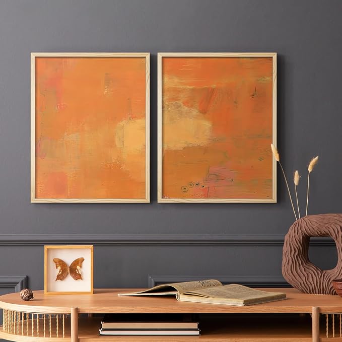 Renditions Gallery Set of 2 Peel & Stick Framed Prints, Abstract Wall Art, Rustic Fain Marking with Brush Strokes Wall Decor, Re-Stickable - Ready to Hang - 11"x14" - NATURAL WOOD Frame LT588
