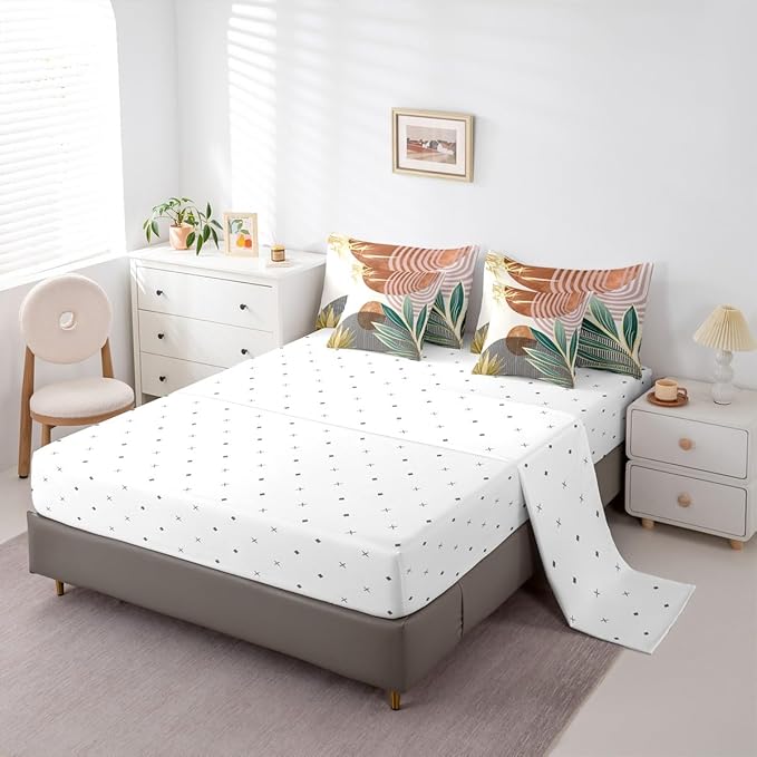 Erosebridal 7 Piece Boho Mid Century Bedding Sets Queen Vintage Comforter Set for Boys Girls,Abstarct Retro Stripes Bed in a Bag Modern Minimalist Simplistic Sheet Set with Comforter,Brown
