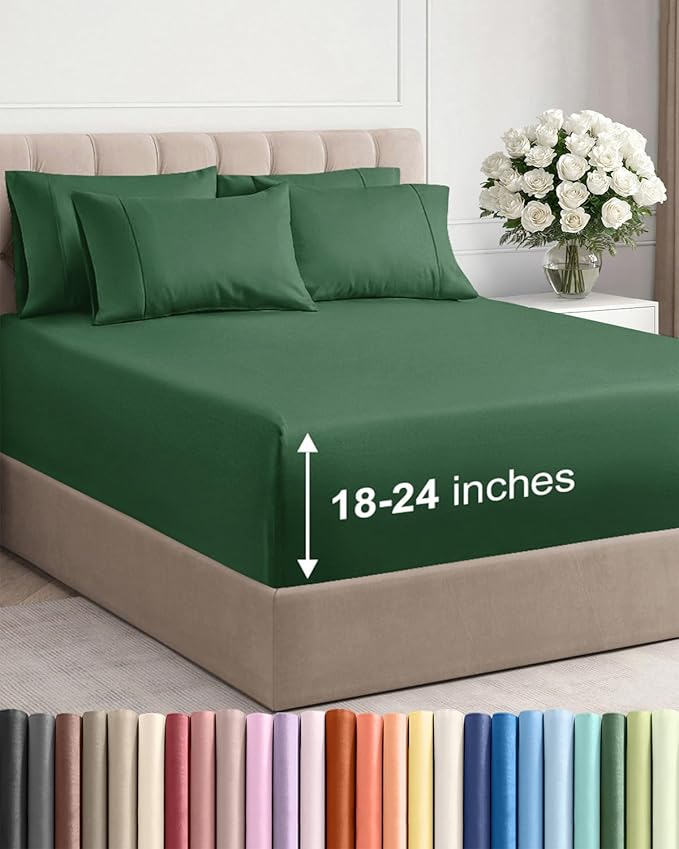 Extra Deep Cal King Sheet Set - 6 Piece Breathable and Cooling Sheets - Hotel Luxury Bedding for Women, Men, Kids & Teens - Easy Secure Fit - Soft & Wrinkle Free - Extra Deep Pockets - Emerald Green