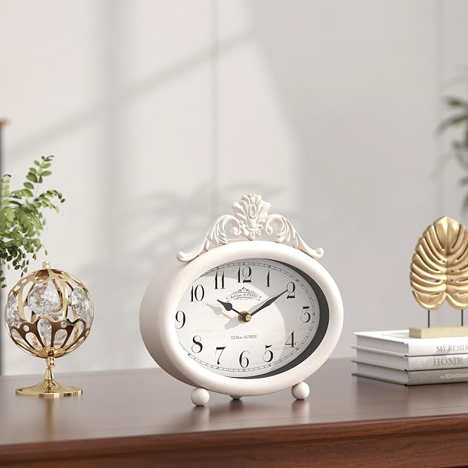 Vintage Table Clock, Desk and Shelf Decor Clock, French Rustic Antique Style White Mantel Clocks, for Farmhouse, Living Room, Bedroom, Bedside, Gift (7.87" H x 7.87" W)