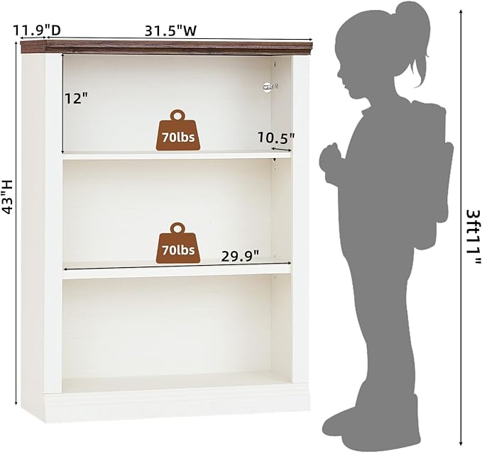 RWYHG 43" White Tall Bookshelf Set of 2,3-Tier Thick Wooden Book Shelf with Adjustable Shelves,Free Standing Farmhouse Bookcase with Open Display Storage,Floor Vintage Bookshelves for Living Room