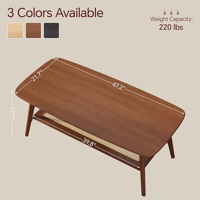 Coffee Table Small Solid Wood Center Table Mid Century Vintage Living Room Coffee Table, Walnut Rattan 47.24 Inch